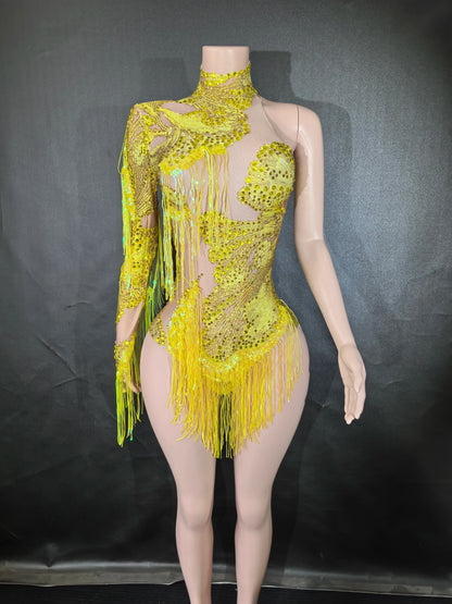 Sexy Blue Rhinestone Skinny Leotard – One-Shoulder Fringe Dance Costume for Singers & Dancers