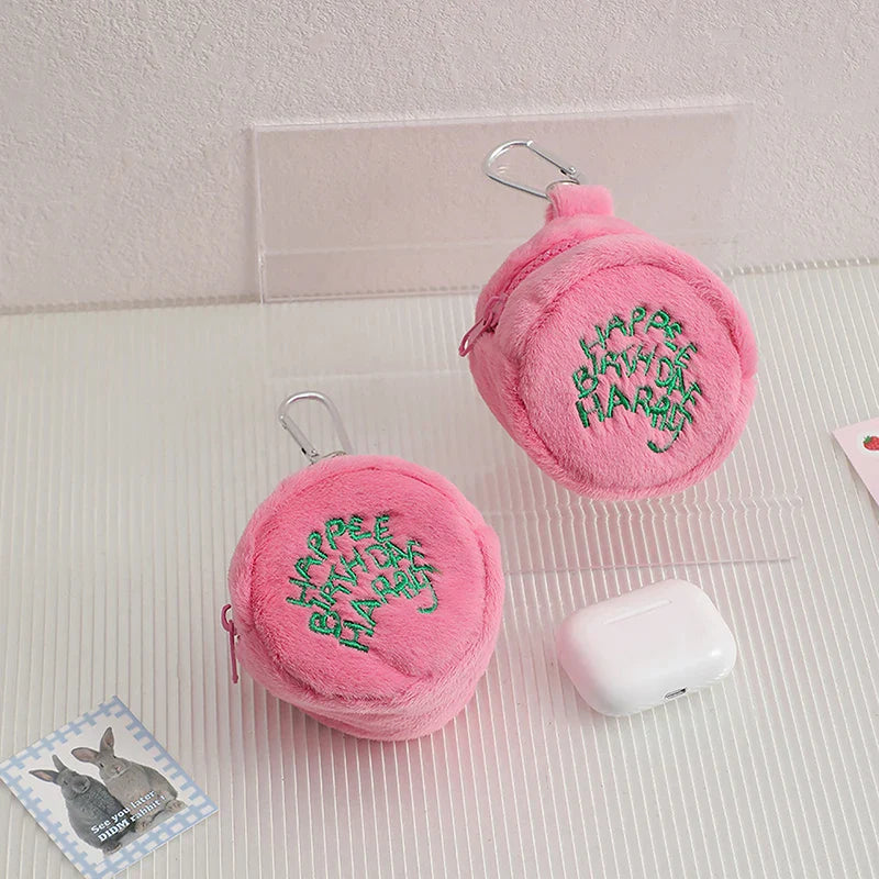 Pink Mini Coin Purse - Kawaii Plush Storage Bag for Earphones, Coins & Cords, Cute Portable Cake Pouch