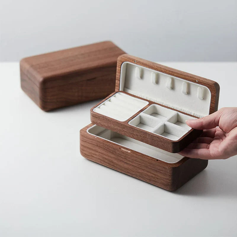 Double Layer Wooden Jewelry Box – Necklace, Bracelet & Earring Organizer in Black Walnut, Perfect Wedding Gift