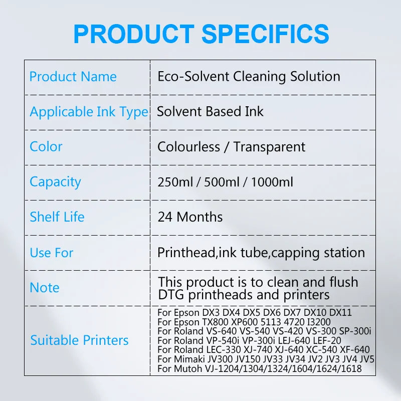 Eco-Solvent Ink Cleaning Solution for Epson Roland Mimaki Mutoh Printheads DX5 DX7 XP600 5113 4720 I3200 Professional Maintenance Fluid