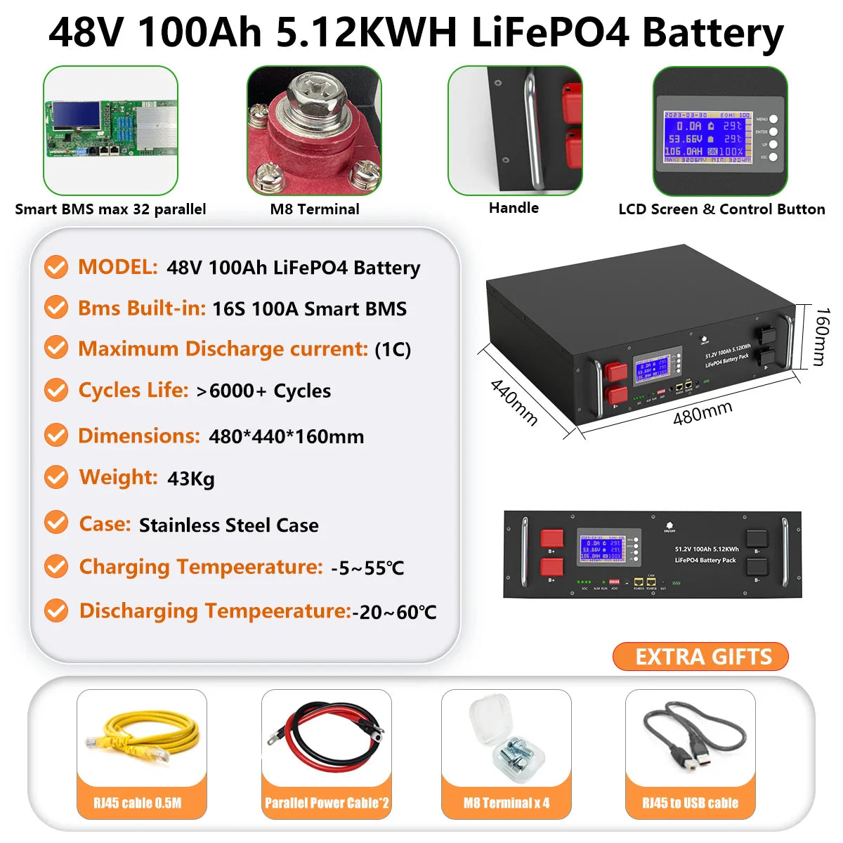 48V LiFePO4 Battery Pack — 100Ah/150Ah/200Ah 51.2V 10KW Rechargeable Lithium Solar Battery with 6000+ Cycles for Home Storage