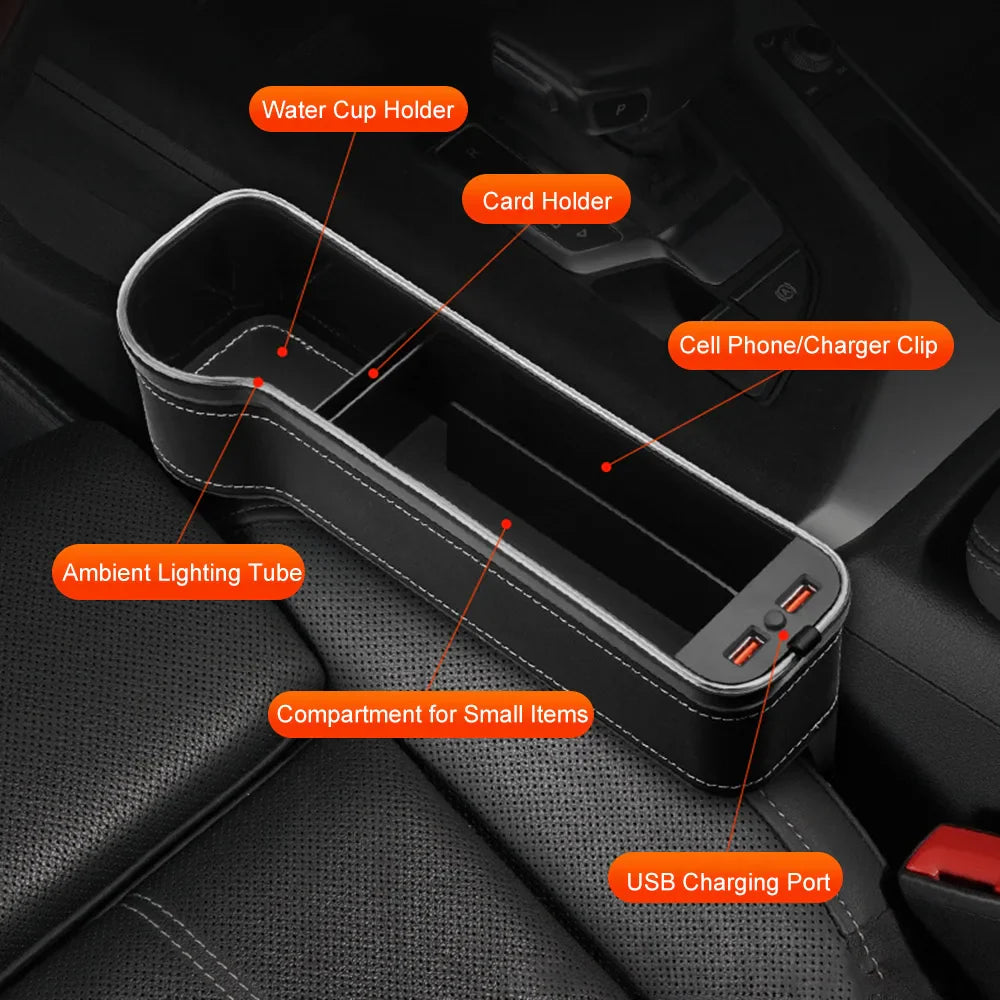 Car Crevice Storage Box with 2 USB Charger – LED Seat Gap Organizer, Phone, Bottle, and Cup Holder