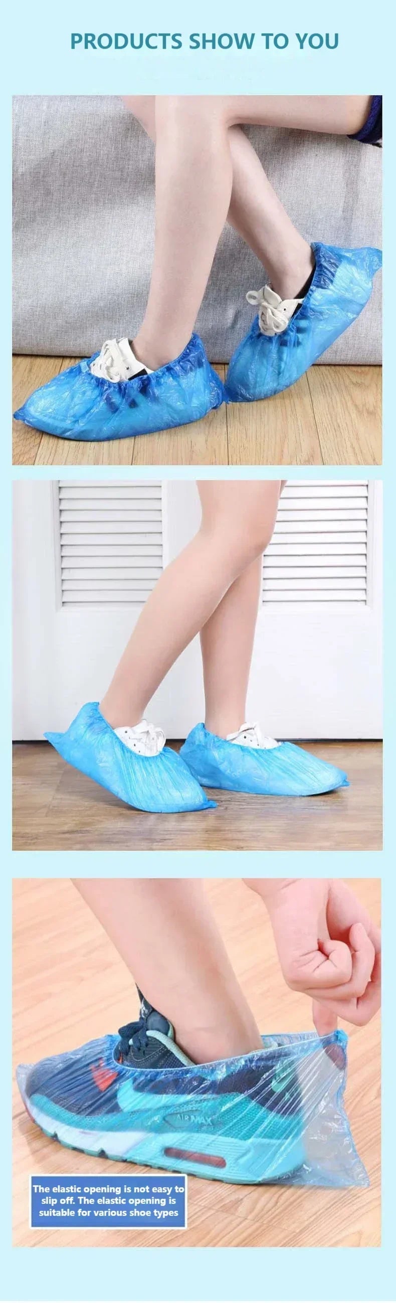 100pcs Disposable Waterproof Boot Covers – Non-Slip, Plastic Overshoes for Rain & Mud Protection