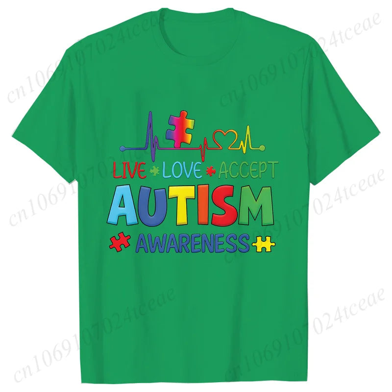 Women’s Live Love Accept Autism Awareness T-Shirt – Graphic Y2K Summer Top for Autism Awareness Month