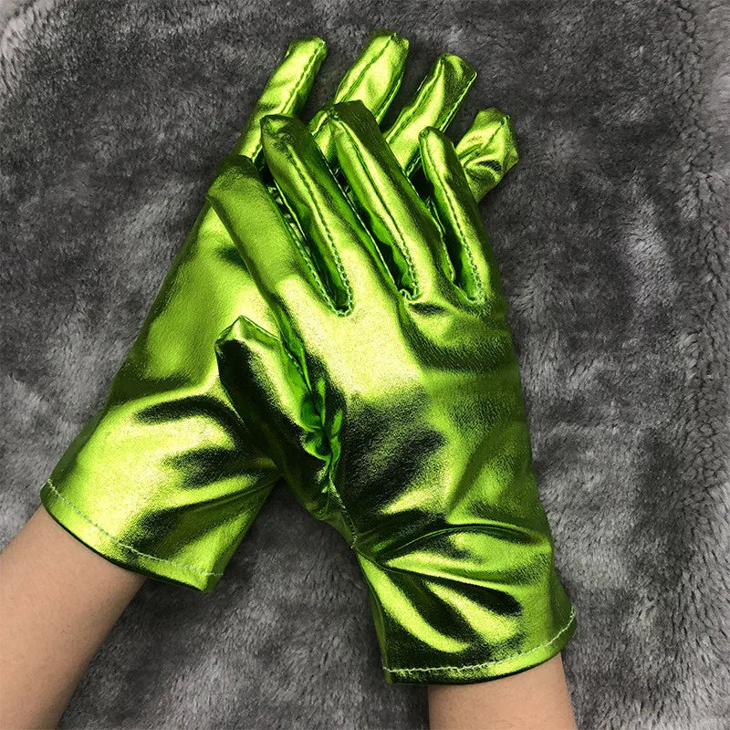 Gold Silver Metallic Faux Leather Short Gloves – Sexy Wet Look Party, Evening & Performance Mittens Handwear