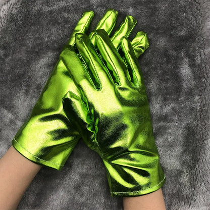Gold Silver Metallic Faux Leather Short Gloves – Sexy Wet Look Party, Evening & Performance Mittens Handwear