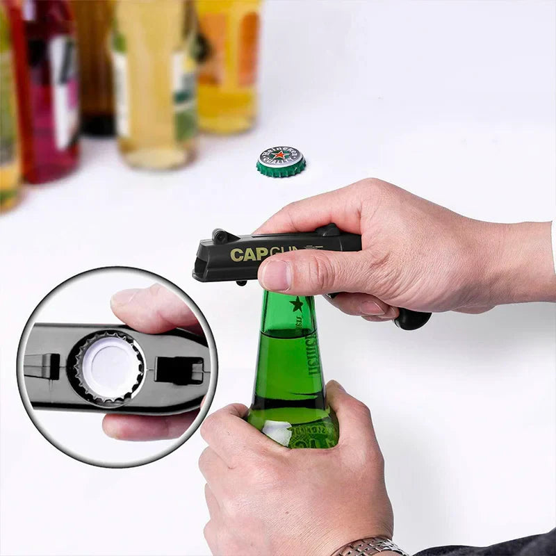 Portable Cap Gun Bottle Opener – Creative Flying Cap Launcher, Gun-Shaped Drink Opener for Beer, Red & Gray