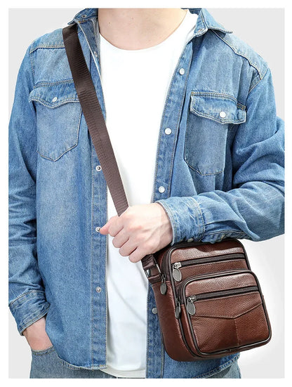 Men’s Genuine Leather Crossbody Bag – Small Outdoor Casual Bag for Motorcycle and Daily Use