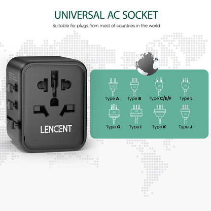 LENCENT International Travel Adapter – All-in-One Charger with 2 USB Ports, EU/UK/USA/AUS Plugs for Worldwide Travel