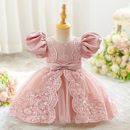 Infant Baby Girl Flower Embroidery Dress - Elegant Bow Princess Gown for Weddings, Baptism & Special Occasions