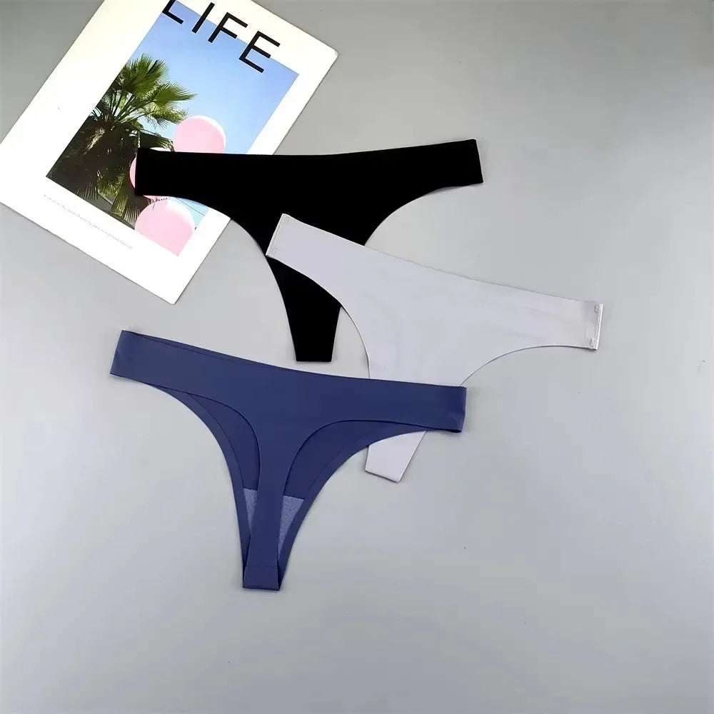3PCS Ice Silk Seamless Thong Set for Women – Solid Low Rise Sexy G-String Sports Underwear, S-XL Sizes
