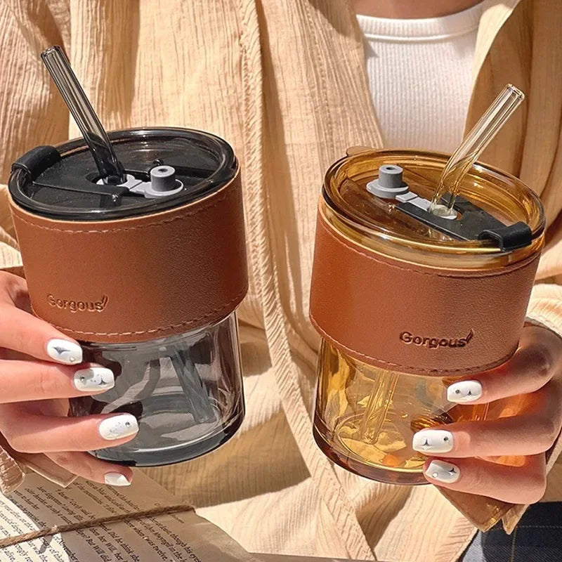 400ml Double Drinking Mouth Water Bottle – Transparent Glass Coffee Mug with Straw & Lid, Creative Beer & Beverage Cup
