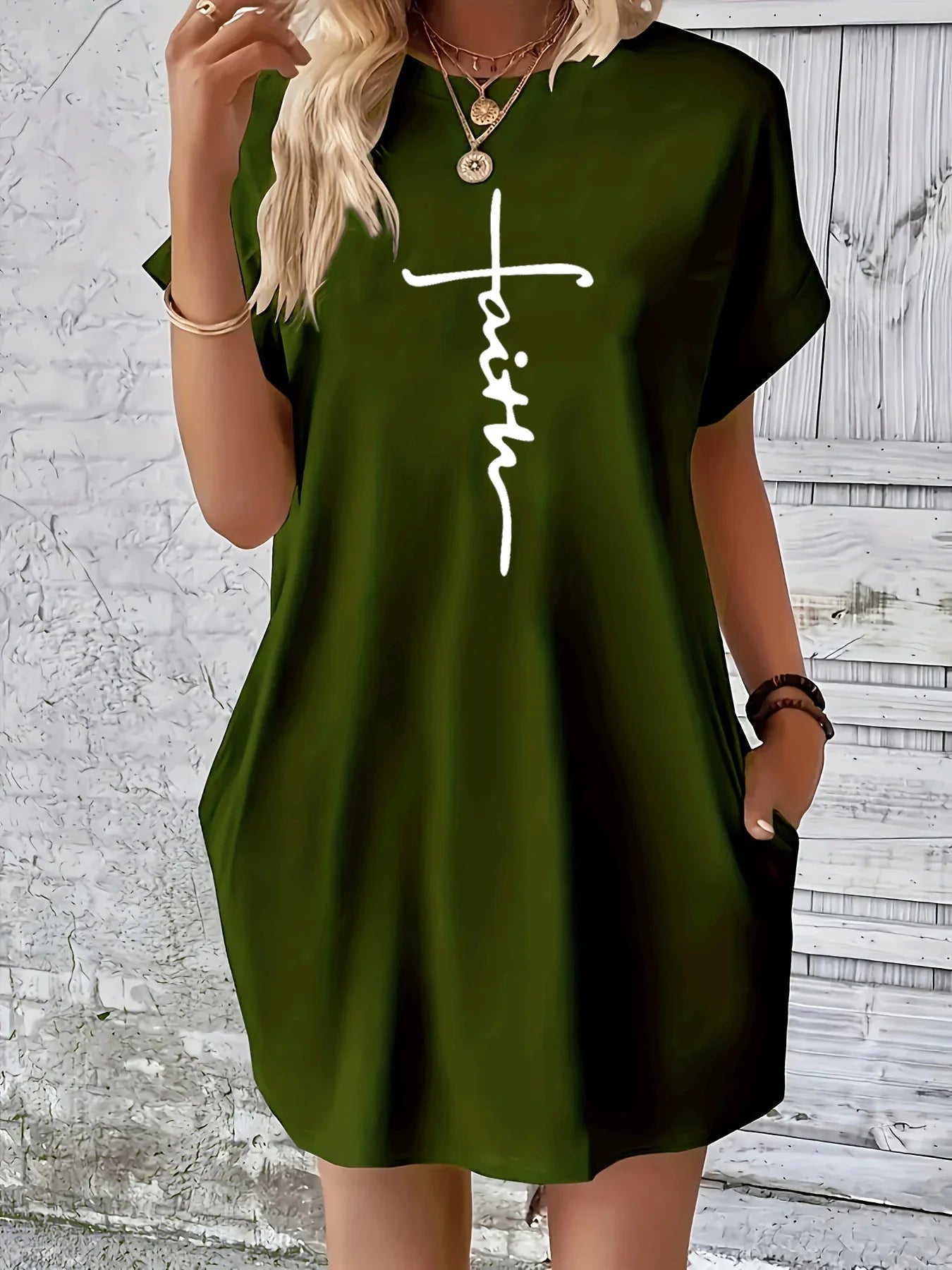 Women’s Plus Size Summer Casual Dress – Loose Fit Cross Faith Print Round Neck Short Sleeve Pocket T-Shirt Dress