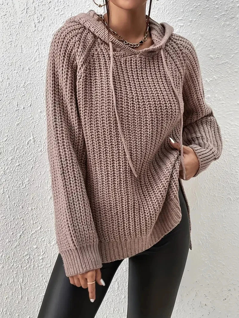 Women’s Hooded Raglan Sleeve Sweater – Split Hem Drawstring Cozy Pullover for Casual Wear