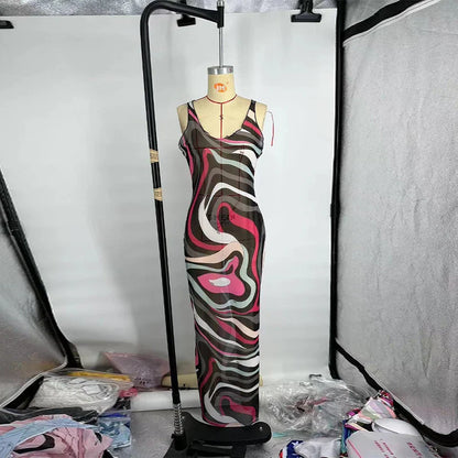 Women’s 2025 Summer Beach Dress – Long Spaghetti Strap O-Neck Dress with Print and Long Sleeves, Fashionable Summer Robe