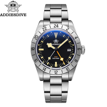 ADDIESDIVE GMT Men’s Diver Watch – 39mm Stainless Steel, Luminous Calendar Display, 20ATM Quartz Reloj Hombre