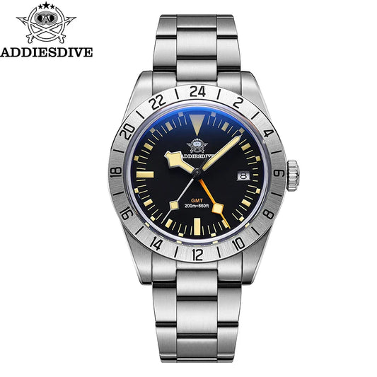 ADDIESDIVE GMT Men’s Diver Watch – 39mm Stainless Steel, Luminous Calendar Display, 20ATM Quartz Reloj Hombre