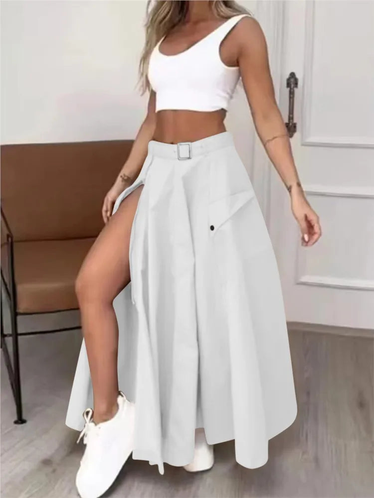 Women’s Summer High Waist Skirt Set – Solid Casual White Tank Top & High Slit Maxi Skirt with Belt and Pockets