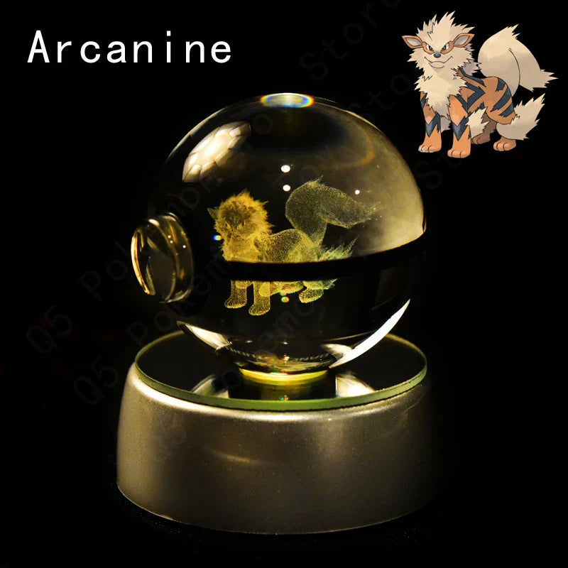 Pokemon 3D Crystal Ball Figurine — Pikachu, Gengar, Mew, Mewtwo Glass Statue with Lamp Base, Kids Birthday Gift
