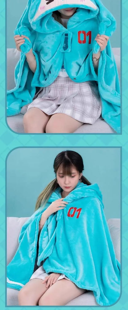 Kawaii Hatsune Itabag Multi-Functional Hooded Air Conditioning Blanket – Soft & Warm Miku Flannel Siesta Shawl Gift