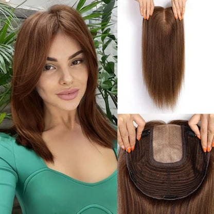 Brown Blonde Highlight Remy Human Hair Toppers – 16 Inch Straight Clip-In Silk Base Hairpiece for Women, Topper Hair Extensions