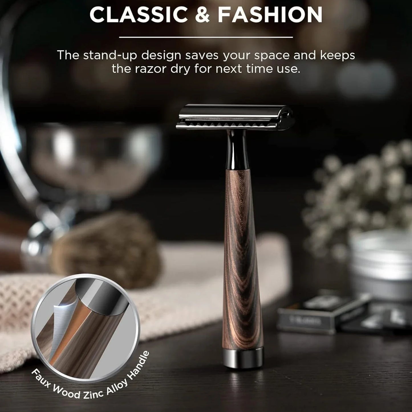 Double Edge Safety Razor – Faux Wood Zinc Alloy Handle with 5 Swiss Stainless Steel Blades, Heavy Duty Eco-Friendly Shaver
