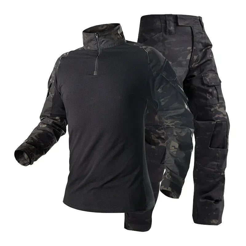 Men’s Camo Tactical Uniform Set | Ripstop Airsoft Suit with Multi-Pocket Pants & Training Shirt for Hunting or Paintball