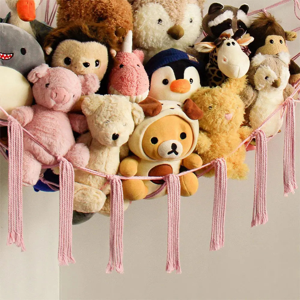 Kids Toy Hammock Wall Corner Hanging Storage Net – Woven Cotton Stuffed Animal Organizer