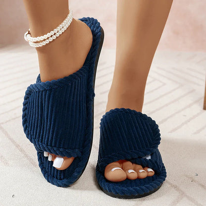 Women’s Corduroy Open Toe Flat Heel Home Slippers – Lightweight Non-Slip Indoor Bedroom Comfort Slides