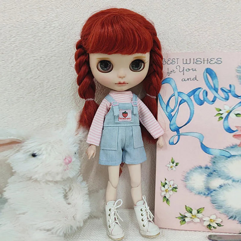 Casual Blythe Doll Clothes – Romper, Plaid Pants & Long Sleeve Top for Licca, Azone, OB24/OB27 Dolls
