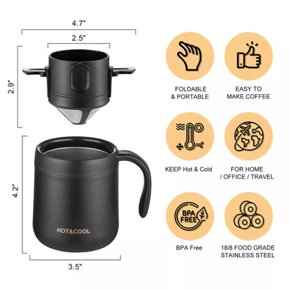 304 Stainless Steel Portable Coffee Filter – Reusable Drip Coffee Tea Holder Mug Set with Coffee Pot & Dripper