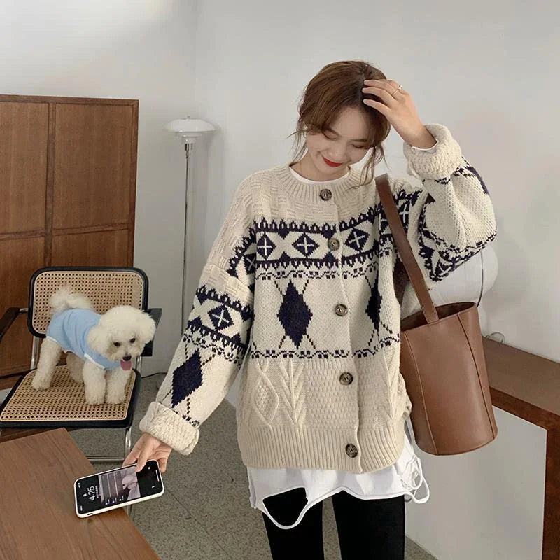 HELIAR Women’s Korean Patchwork Cardigan – Vintage Argyle Knit Sweater with Long Sleeves & Casual O-Neck