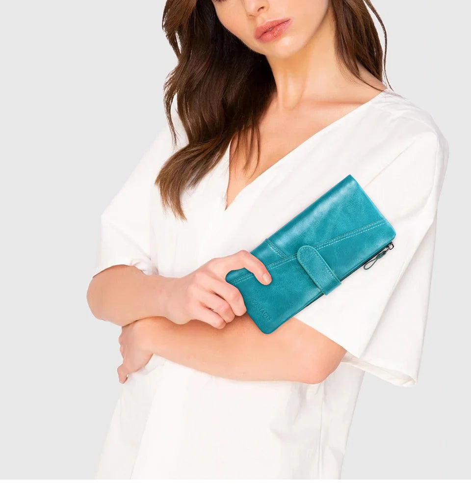 Women's Genuine Leather Long Wallet – Fashion Clutch with Coin Purse, Card Holder & Phone Pocket by Contact's