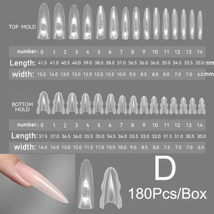 180pcs Sandwich Dual Nail Forms – 15 Sizes Coffin & Almond Nail Extension Molds for Manicure, Top & Bottom Forms