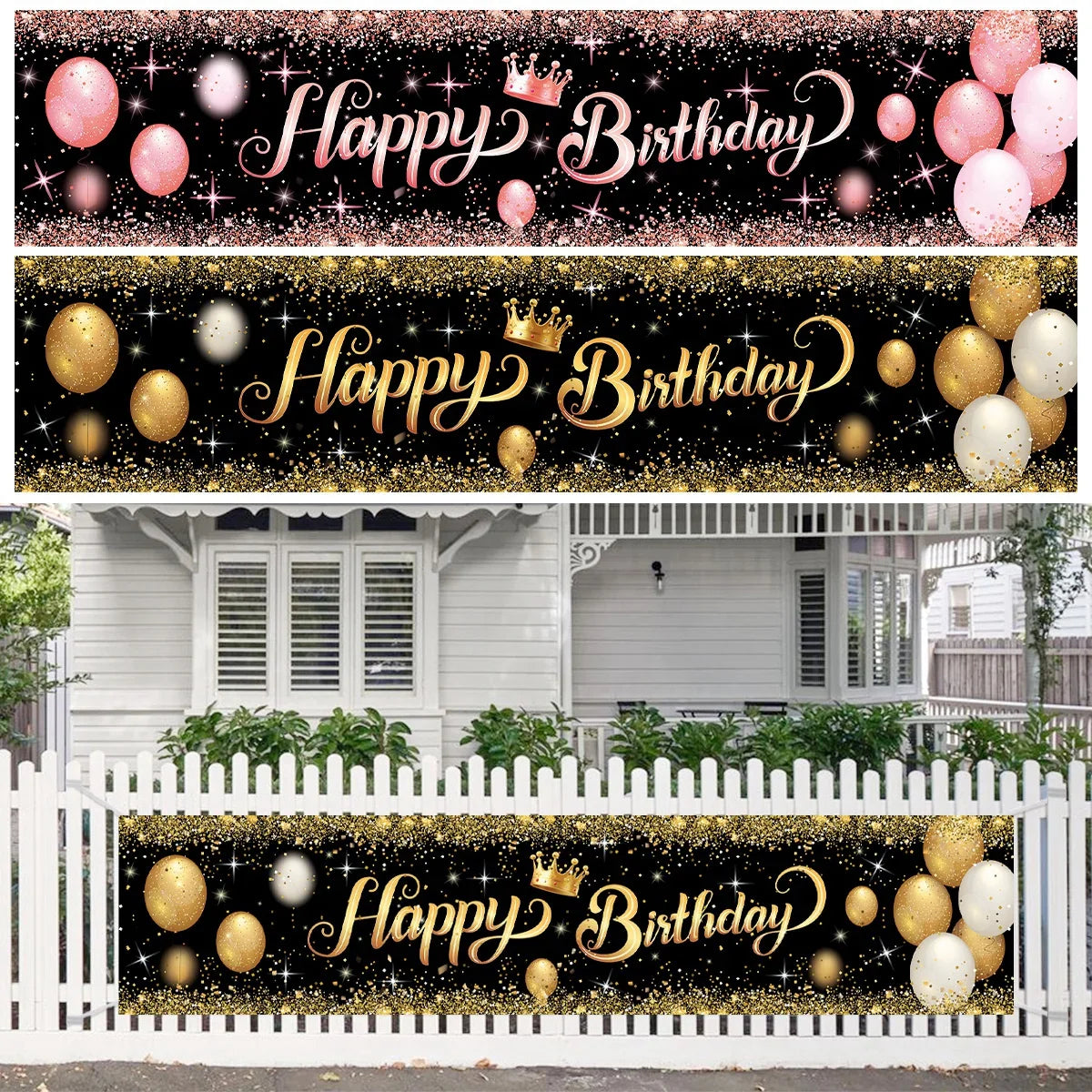 Gold Glitter Happy Birthday Party Backdrop - Black Adult Theme Photo Decoration, DIY Backdrops for Party Supplies