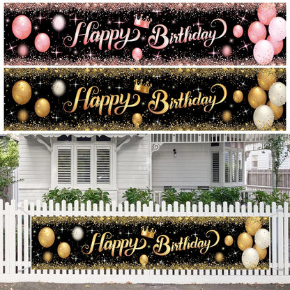 Gold Glitter Happy Birthday Party Backdrop - Black Adult Theme Photo Decoration, DIY Backdrops for Party Supplies