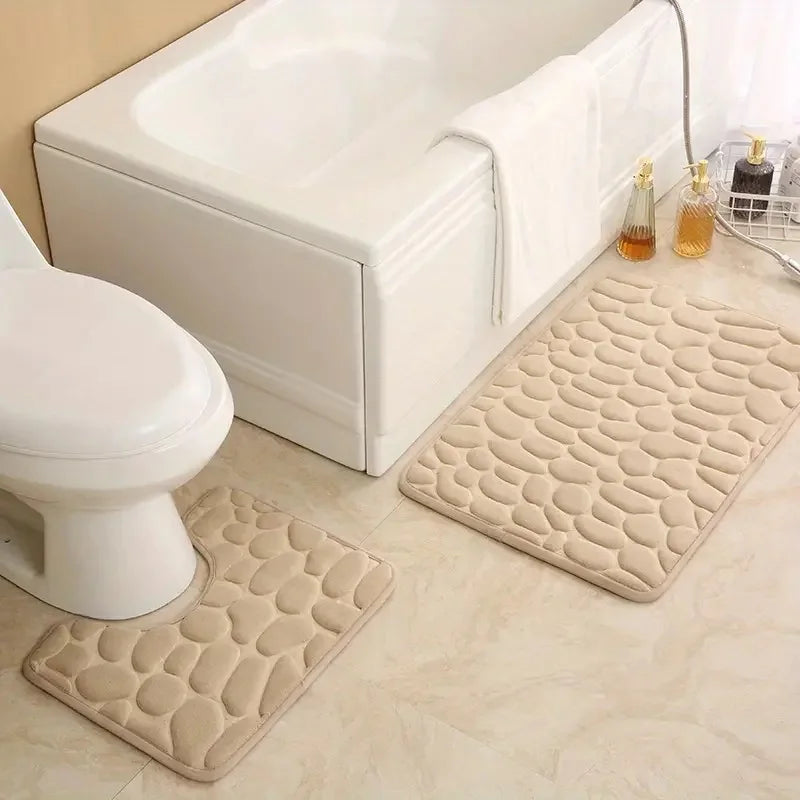 2PC Embossed Stone Pattern Toilet & Door Mats – Water-Absorbing, Non-Slip, Washable Home Decor Carpets