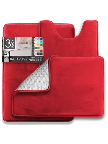 3PC Velvet Memory Foam Bathroom Rug Set - Ultra Soft, Non-Slip, Quick-Dry Machine Washable Bath Mats