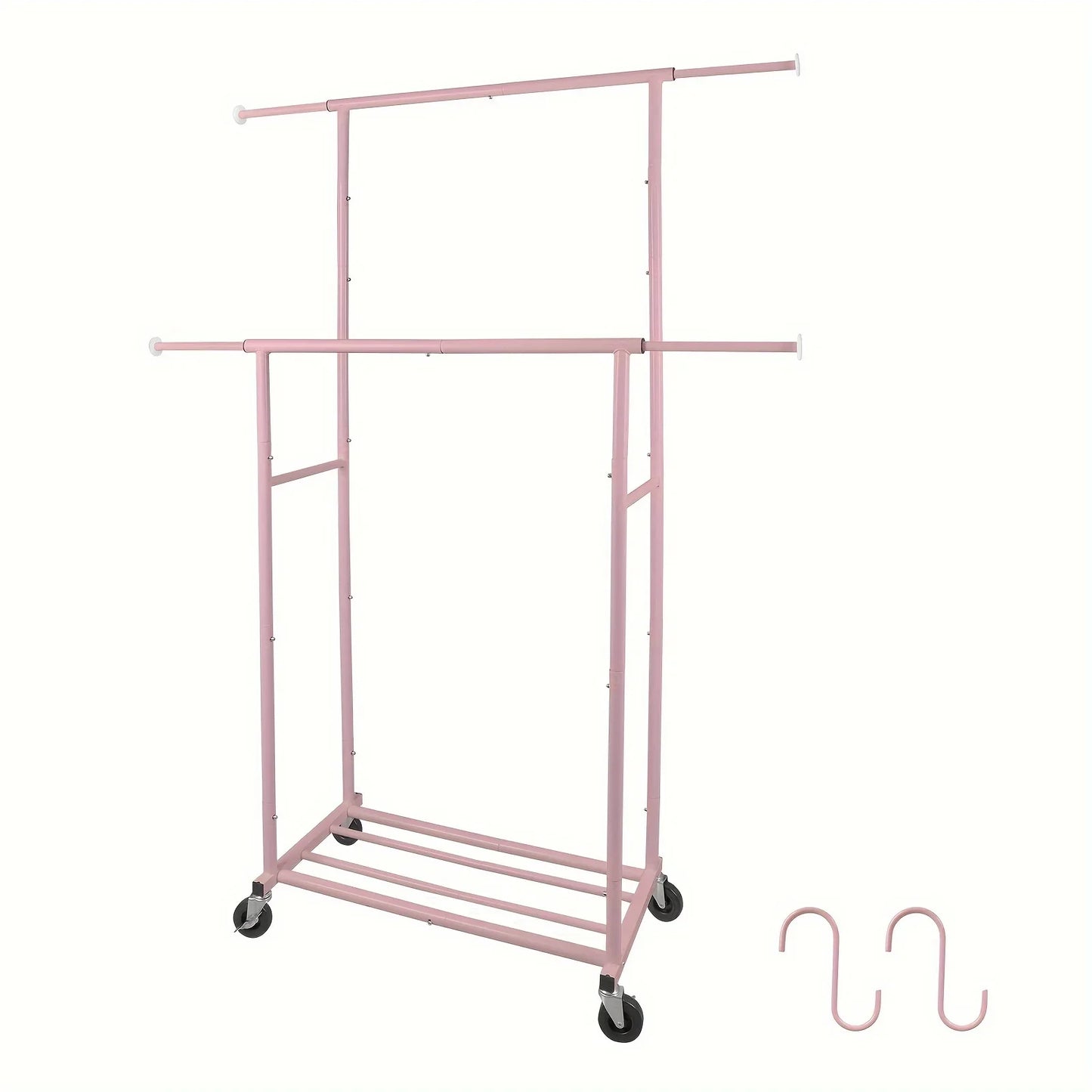 Pink Twin-Pole Rolling Clothes Rack with Net Shelf – Cute Metal Garment Rack, Strong Load-Bearing Storage