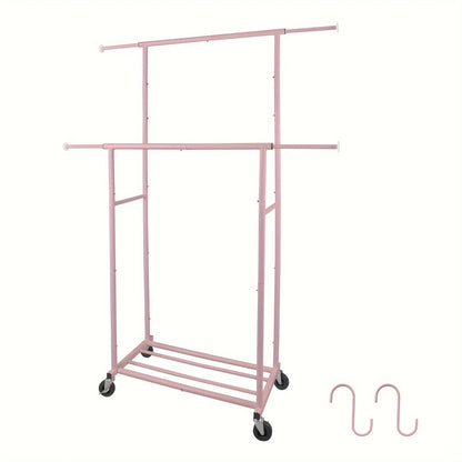 Pink Twin-Pole Rolling Clothes Rack with Net Shelf – Cute Metal Garment Rack, Strong Load-Bearing Storage