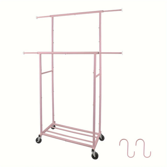Pink Twin-Pole Rolling Clothes Rack with Net Shelf – Cute Metal Garment Rack, Strong Load-Bearing Storage