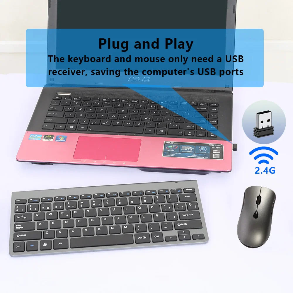 2.4G Wireless Mini Keyboard and Mouse Set – USB Portable Combo with Russian/Korean/Hebrew Layout for PC & Laptop