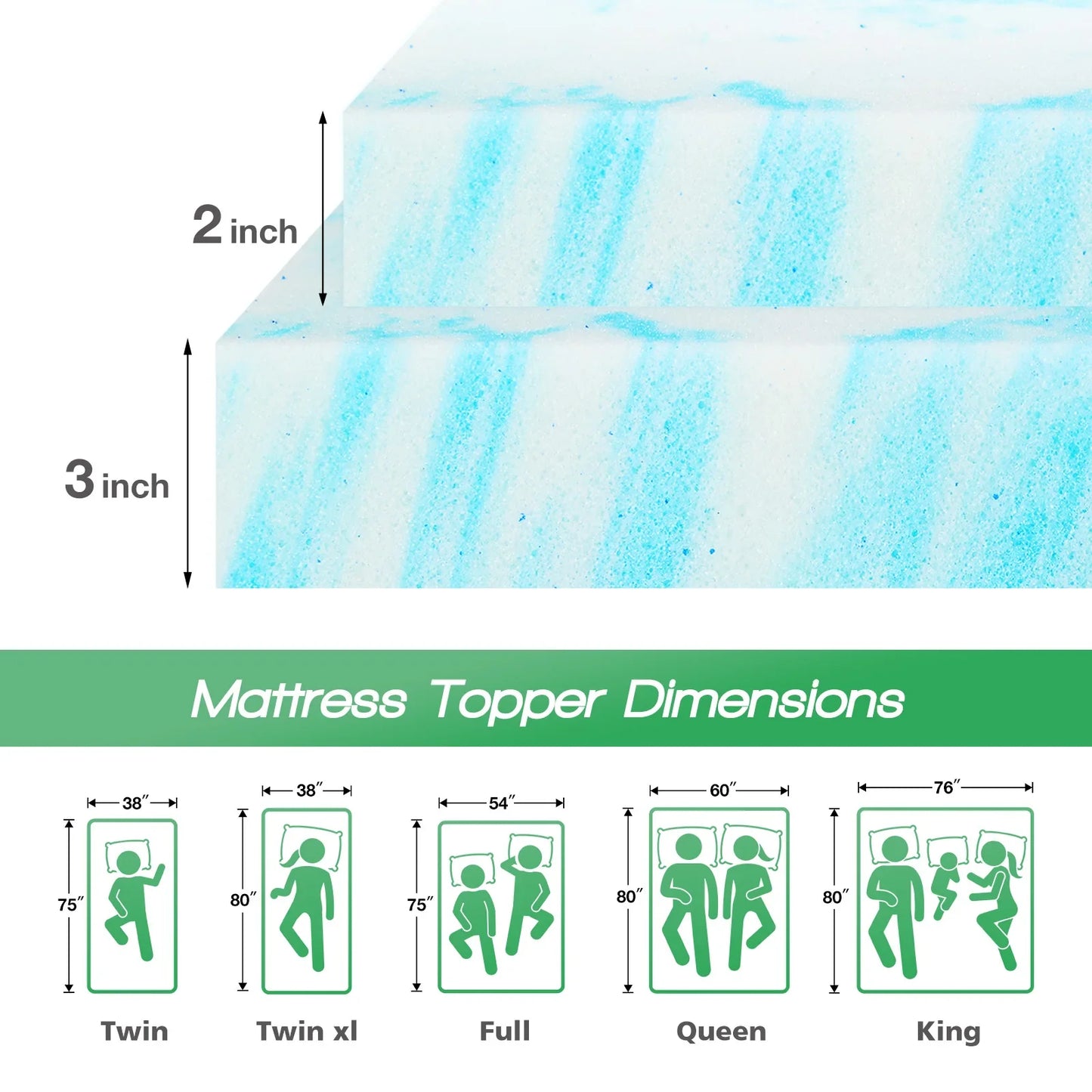 2-3 Inch Gel Memory Foam Mattress Topper - Full Size Cooling, Soft, and Breathable Bed Topper for School Bedroom