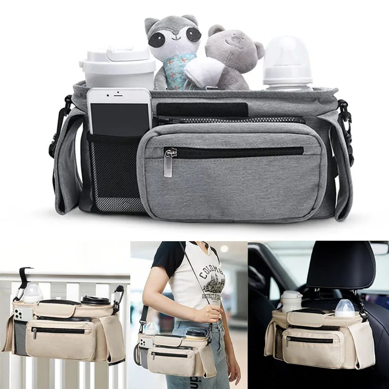 Baby Stroller Storage Bag — Large Capacity Travel Hanging Mummy Bag with Phone & Bottle Holder, Diaper Bag for Pram Accessories