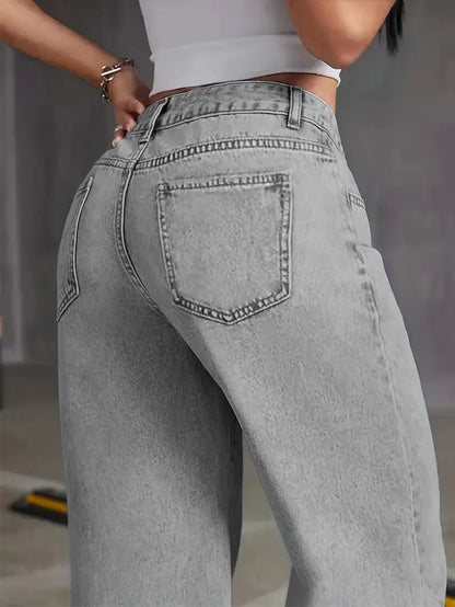 Women’s Autumn High-Waisted Wide-Leg Jeans – Light Grey Washed Loose-Fit Casual Denim Pants