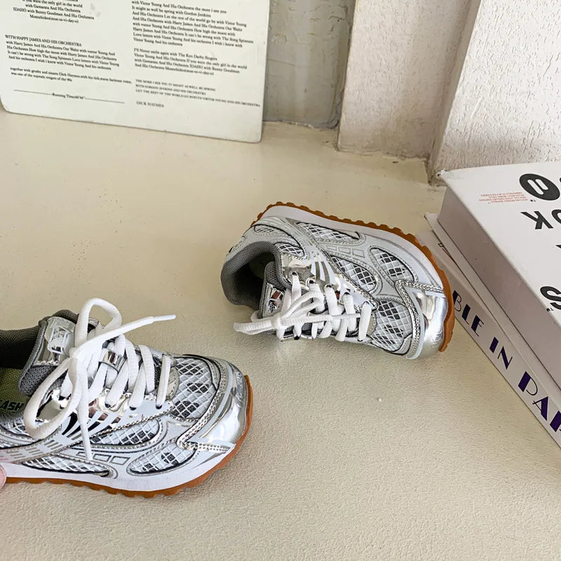 Kids Metallic Mesh Sneakers - Lightweight Casual Running and Walking Shoes for Boys and Girls