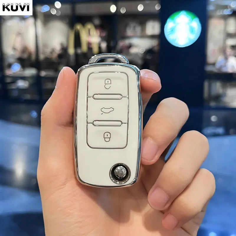 Leather TPU Car Key Case Cover for Volkswagen & Skoda – Fits Polo, Golf, Passat, Tiguan, Beetle, Caddy, T5, Up, Eos, Octavia, Seat Leon, Altea