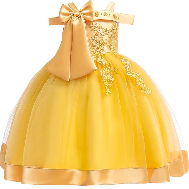 Girls’ Christmas Party Dress - Elegant Appliqué Flower Bow Gown for Weddings, Birthdays & Prom Ages 3–10
