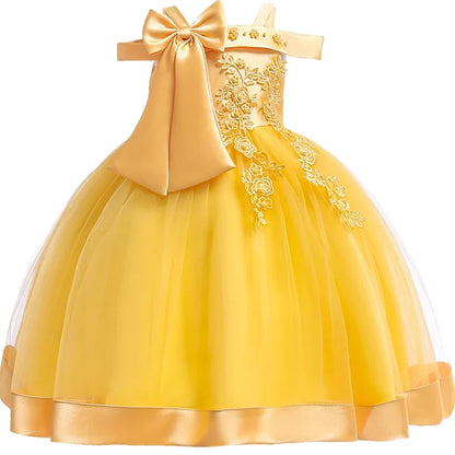 Girls’ Christmas Party Dress - Elegant Appliqué Flower Bow Gown for Weddings, Birthdays & Prom Ages 3–10