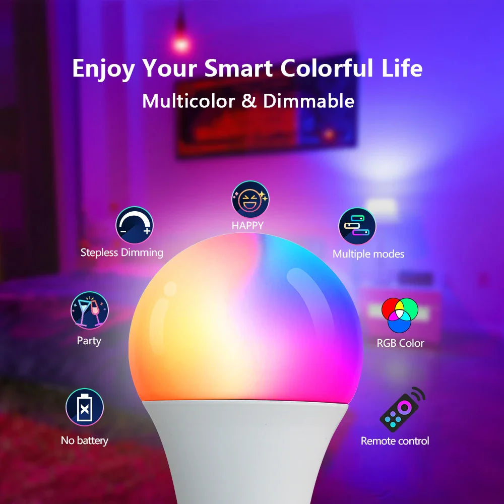 16-Color RGB LED Bulb E27 – Dimmable Multicolor 220V Household Lighting with 24-Key Remote & Neon Atmosphere Light